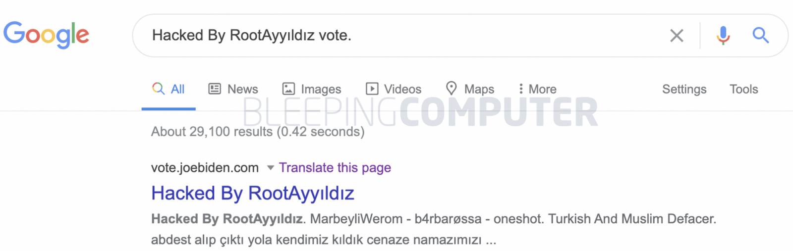 Google cache vote joe site hacked